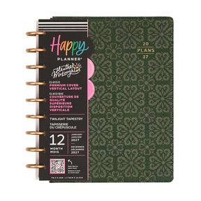 Happy Planner Twilight Tapestry 2027 Classic Vertical Planner with green cover and gold discs