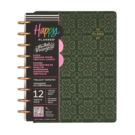 Happy Planner Twilight Tapestry 2027 Classic Vertical Planner with green cover and gold discs