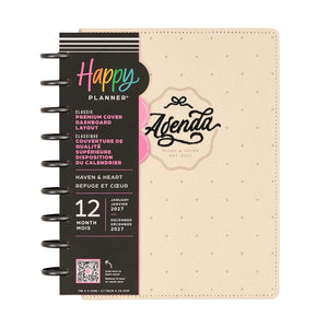 Happy Planner Haven & Heart 2027 Classic Dashboard Planner with beige cover and black discs