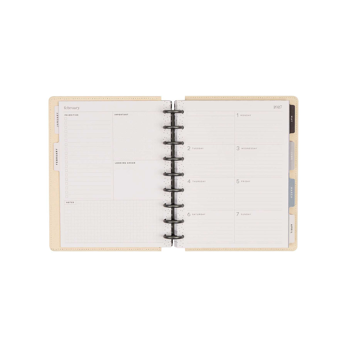 Haven & Heart 2027 planner open to a weekly Dashboard spread with monthly tabs