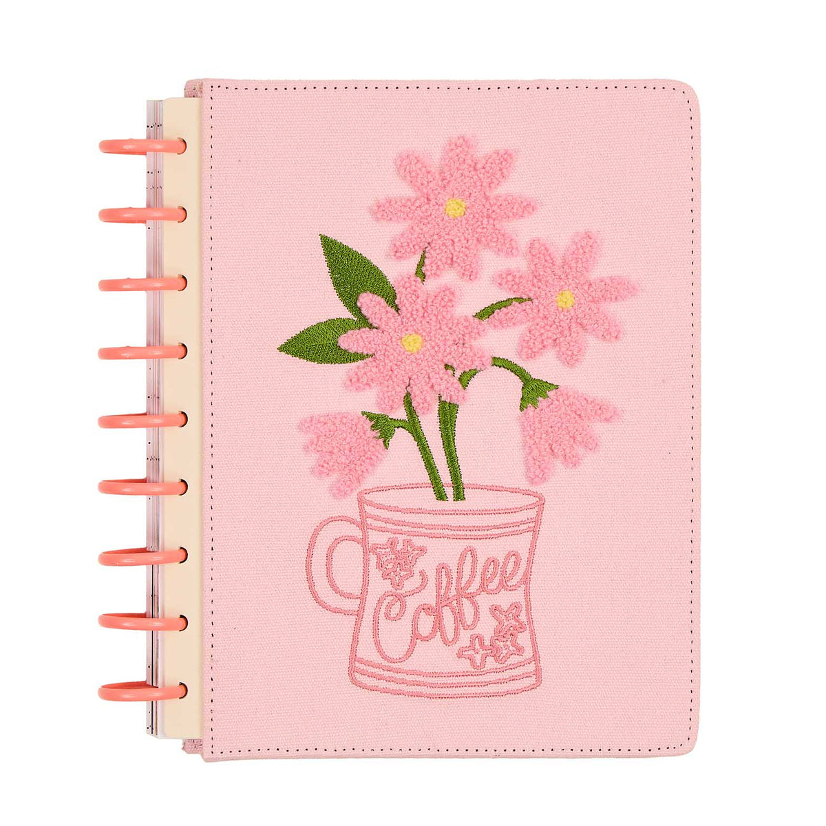 Petal Press planner pink cover with embroidered floral coffee mug and coral discs