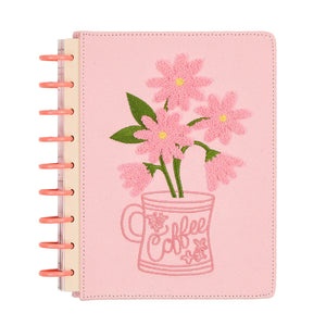 Petal Press planner pink cover with embroidered floral coffee mug and coral discs