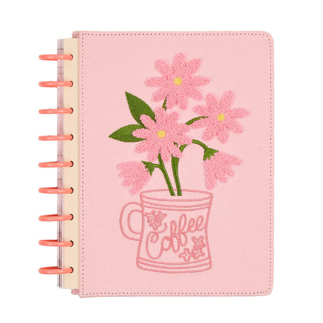 Petal Press planner pink cover with embroidered floral coffee mug and coral discs