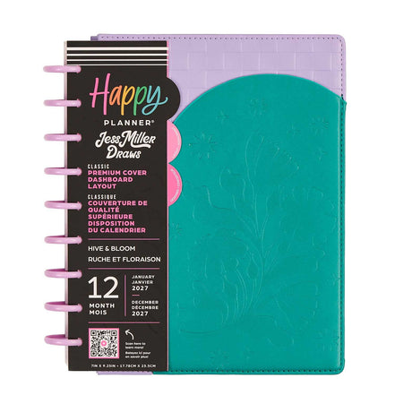 Happy Planner Hive & Bloom Classic Dashboard Planner 2027 - teal cover with pink discs