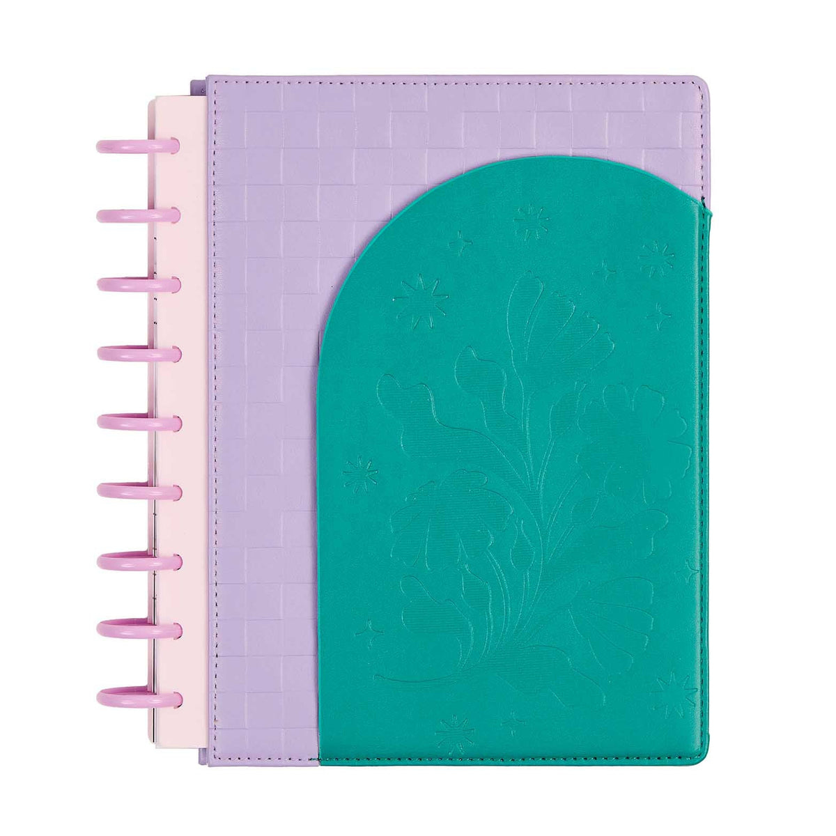 Happy Planner Hive & Bloom Classic Dashboard Planner 2027 - teal floral cover and lavender back with pink discs