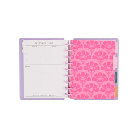 Happy Planner Hive & Bloom Classic Dashboard Planner 2027 - February pages with pink floral design and colourful tabs