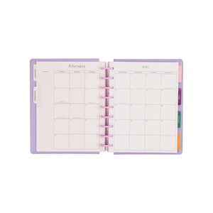 Happy Planner Hive & Bloom Classic Dashboard Planner 2027 - February monthly calendar with purple discs and colourful tabs