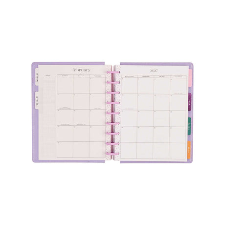 Happy Planner Hive & Bloom Classic Dashboard Planner 2027 - February monthly calendar with purple discs and colourful tabs