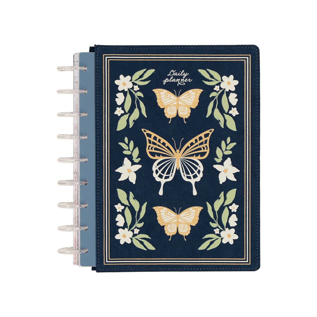 Happy Planner Wildflower Daydream Classic Dashboard Planner 2027 - navy butterfly cover with pale discs