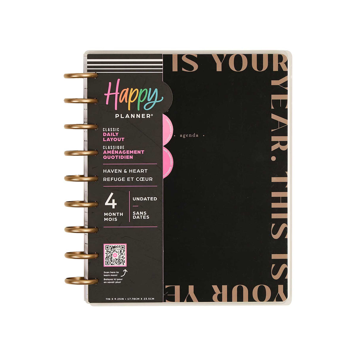 Happy Planner Haven & Heart Classic daily undated planner - black cover with gold discs and pink accents