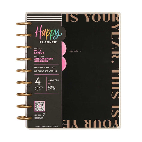 Happy Planner Haven & Heart Classic daily undated planner - black cover with gold discs and pink accents