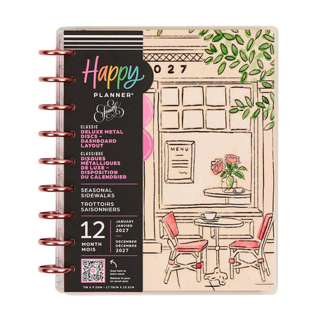 Happy Planner Deluxe Seasonal Sidewalks Classic Dashboard planner café cover and rose gold discs