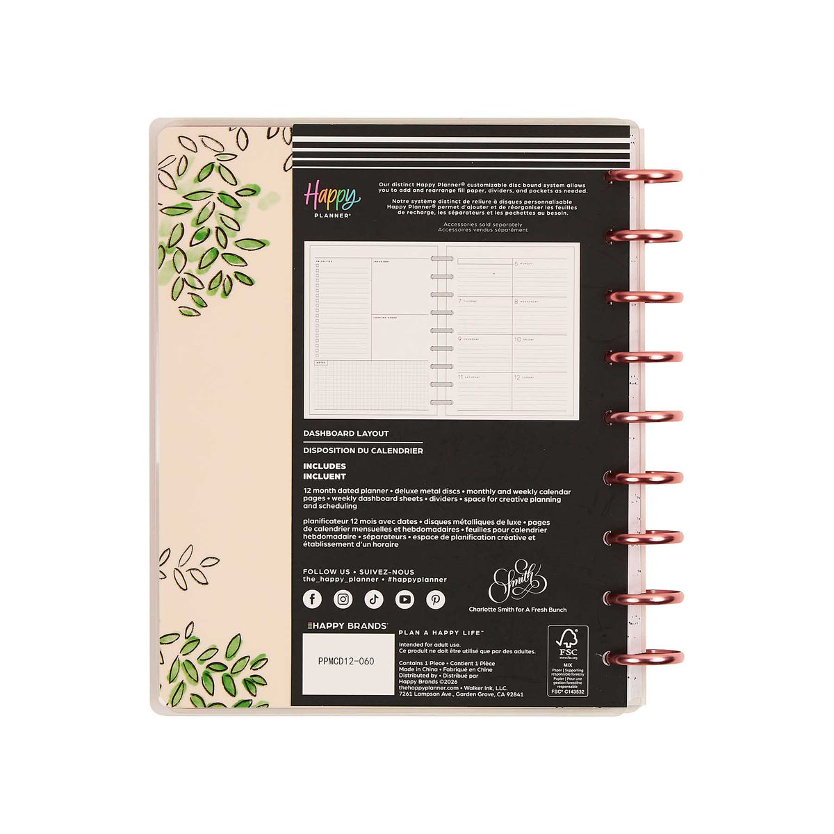 Deluxe Seasonal Sidewalks planner leafy cover design and rose gold discs