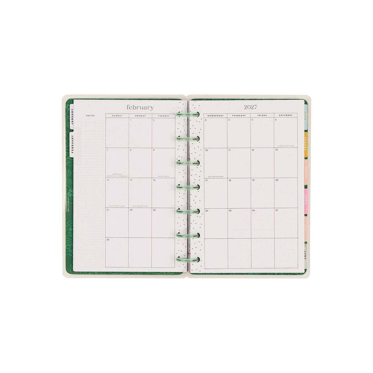 Happy Planner Petal Press February 2027 monthly calendar with green discs and colourful tabs