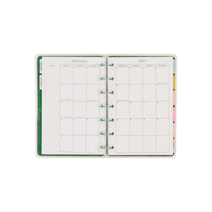 Happy Planner Petal Press February 2027 monthly calendar with green discs and colourful tabs