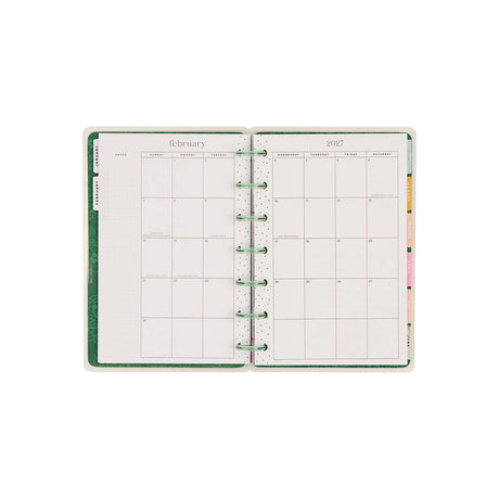 Happy Planner Petal Press February 2027 monthly calendar with green discs and colourful tabs