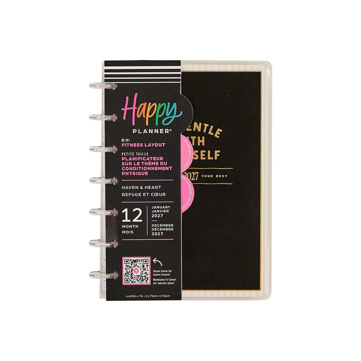 Happy Planner Haven and Heart Mini Fitness Planner with black cover and disc binding
