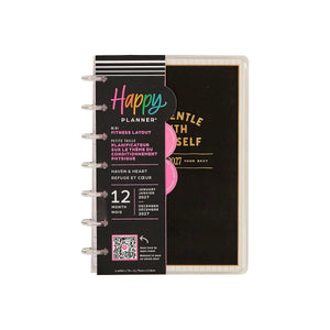 Happy Planner Haven and Heart Mini Fitness Planner with black cover and disc binding
