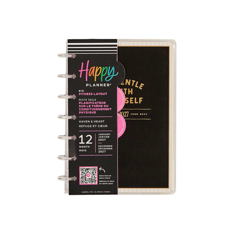 Happy Planner Haven and Heart Mini Fitness Planner with black cover and disc binding