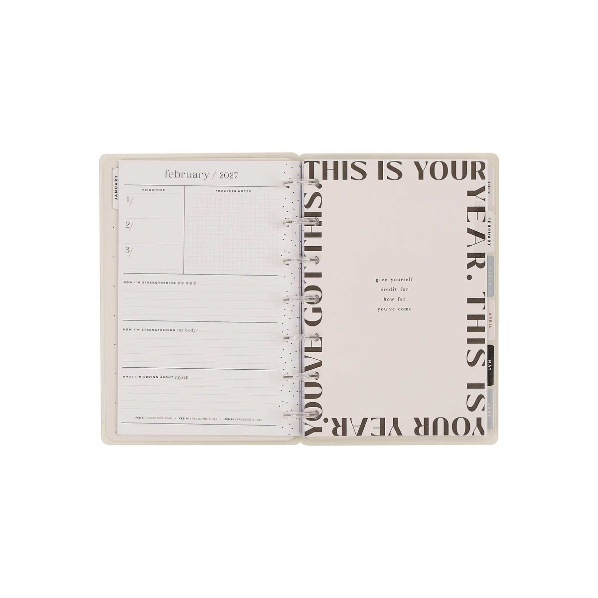 Haven and Heart Mini Fitness Planner February 2027 pages with motivational typography