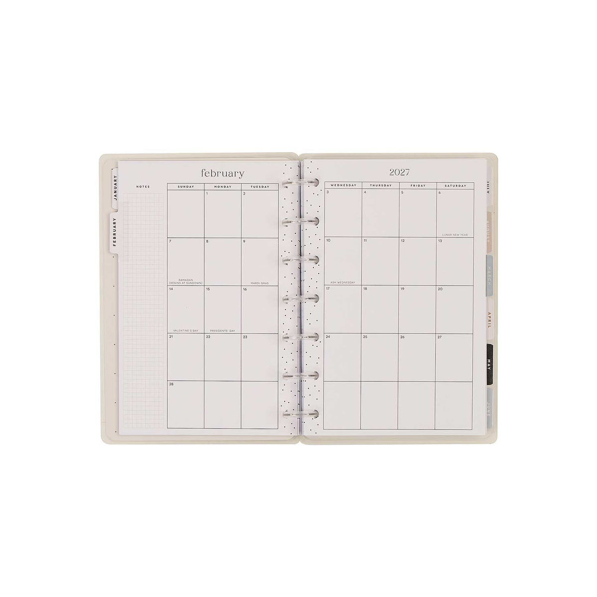 Happy Planner Haven and Heart February and 2027 monthly calendars with tabbed sections