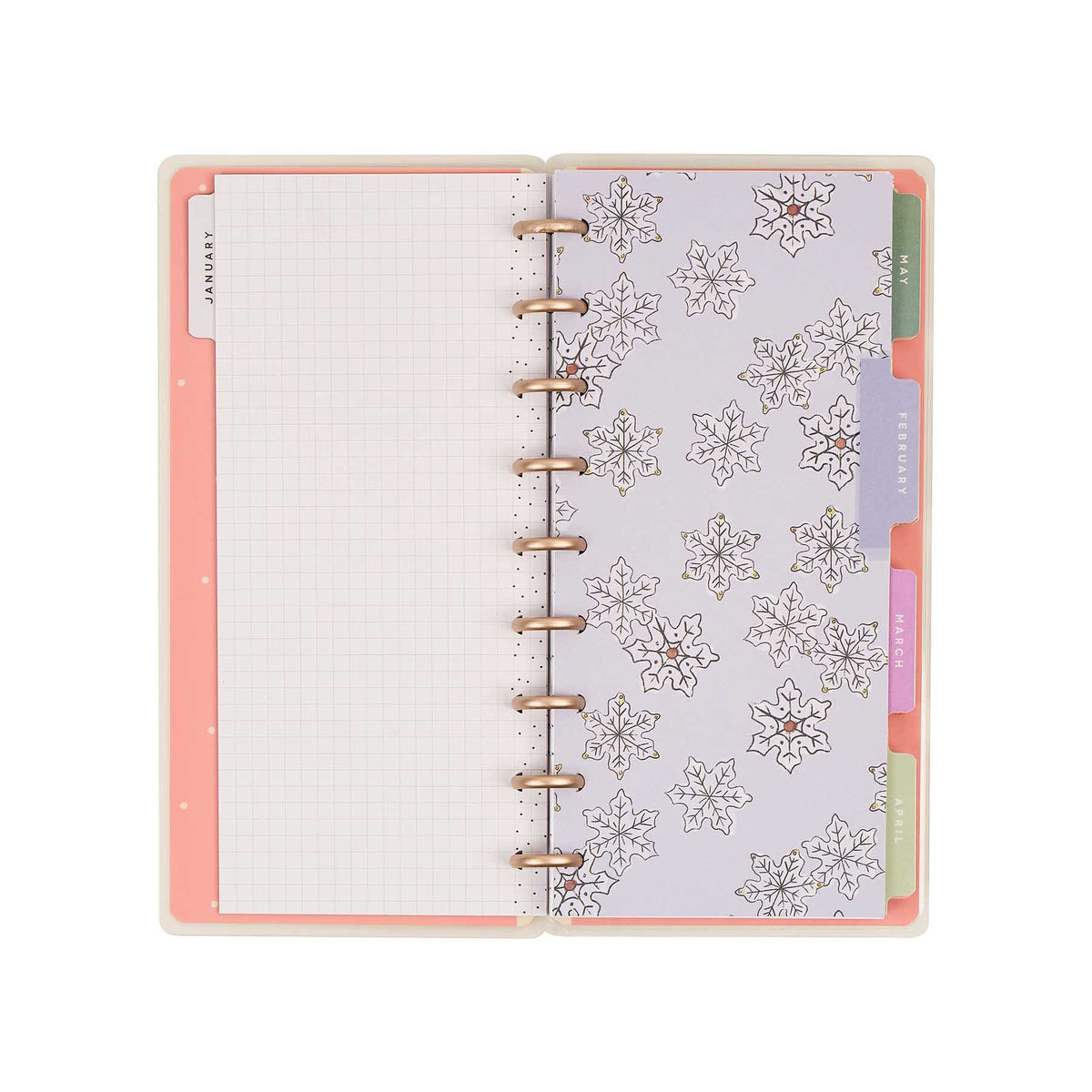 Seasonal Sidewalks Skinny Classic planner snowflake page, grid page and colourful monthly tabs