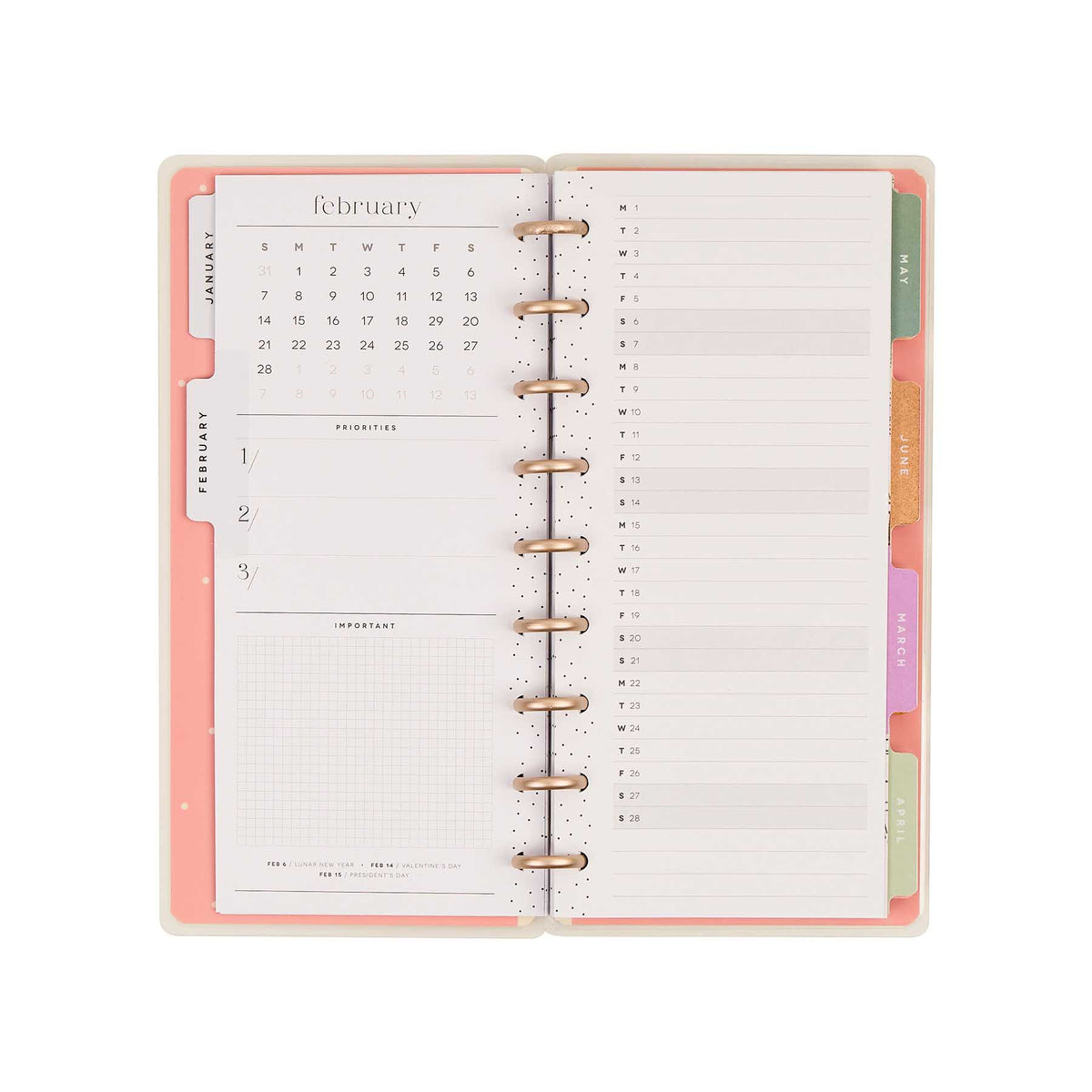 Happy Planner Seasonal Sidewalks February monthly and weekly spreads with disc binding