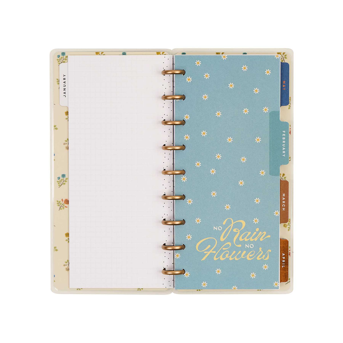 Fall Picnic Skinny Classic planner open with a blue floral page and monthly tabs