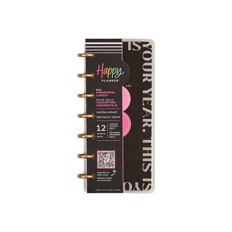 Happy Planner Haven and Heart Skinny Mini planner with black cover, gold discs and pink accents