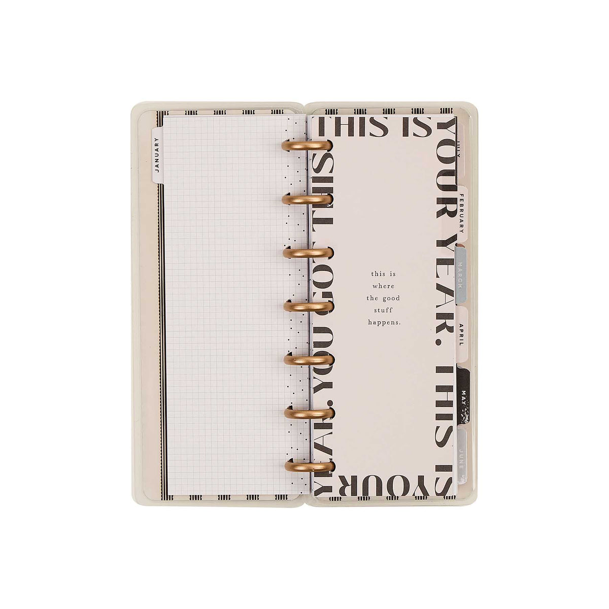 Haven and Heart Skinny Mini planner neutral cover, grid paper and gold discs
