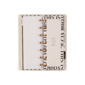 Haven and Heart Skinny Mini planner neutral cover, grid paper and gold discs