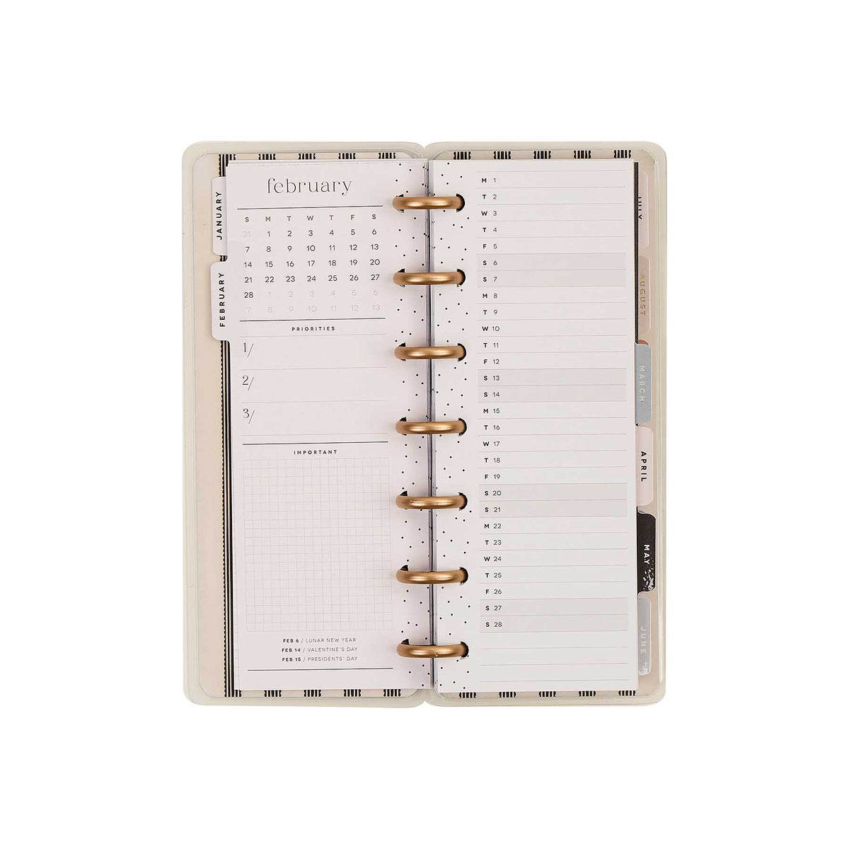 Happy Planner Haven and Heart Skinny Mini February monthly calendar with lined pages