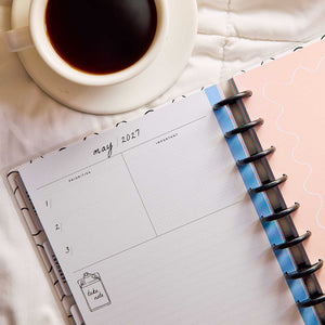 Happy Planner Pajama Plans Classic Horizontal Planner 2027: May 2027 monthly page beside a cup of coffee