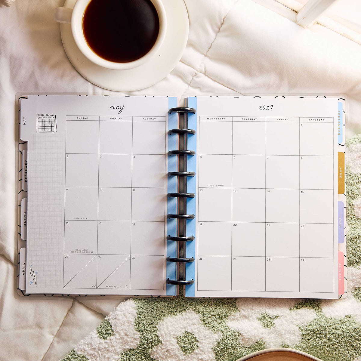 Happy Planner Pajama Plans Classic Horizontal Planner 2027: May 2027 monthly spread with blue discs beside coffee