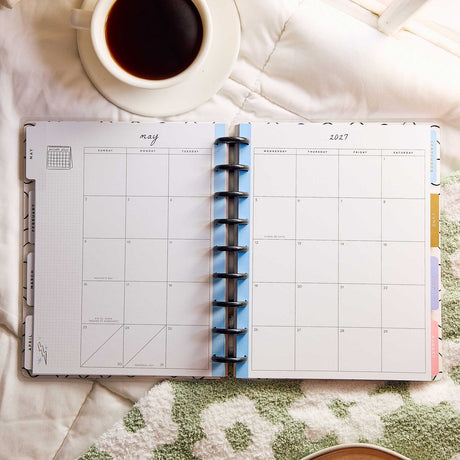 Happy Planner Pajama Plans Classic Horizontal Planner 2027: May 2027 monthly spread with blue discs beside coffee