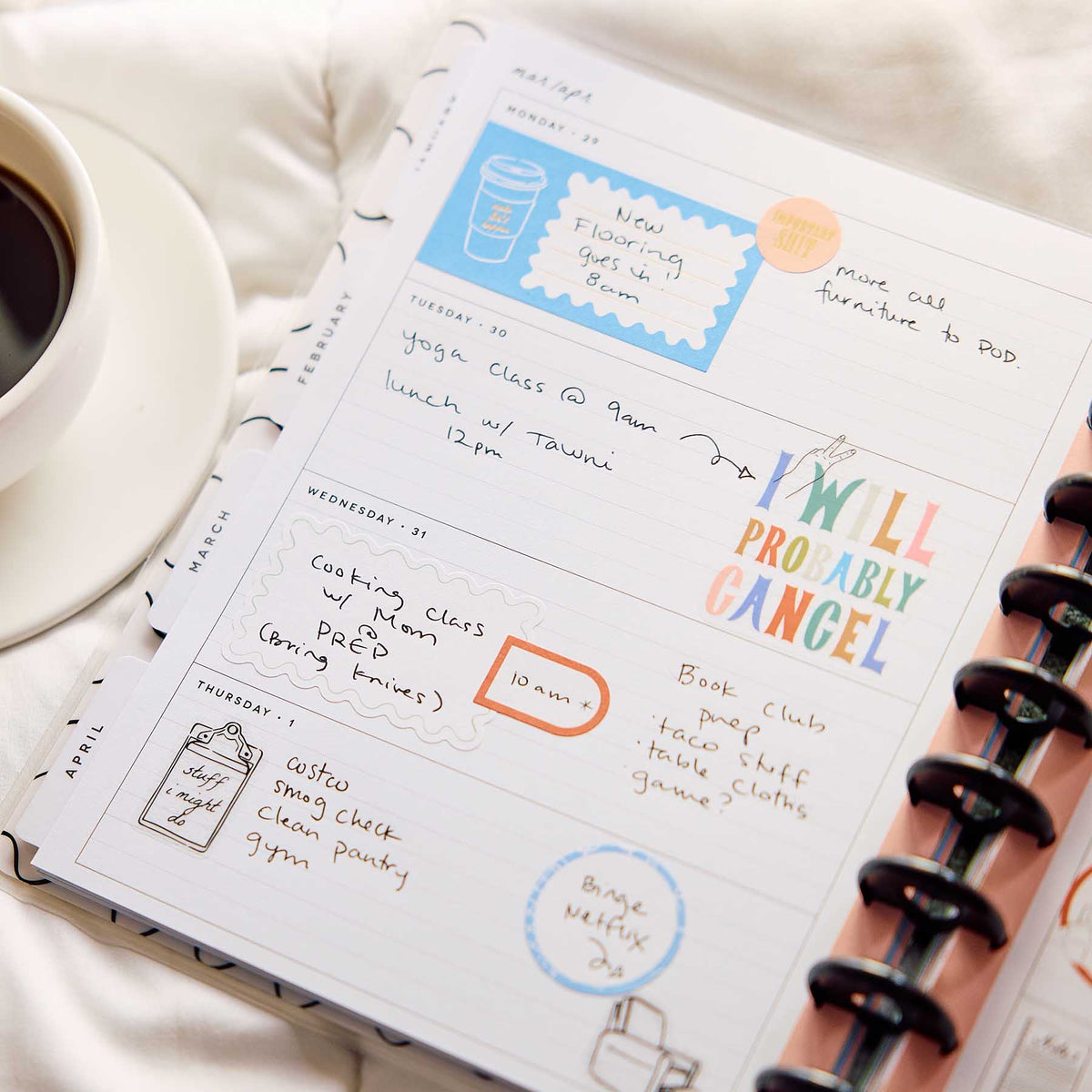 Happy Planner Pajama Plans Classic Horizontal Planner 2027: Handwritten weekly spread with coffee and disc binding