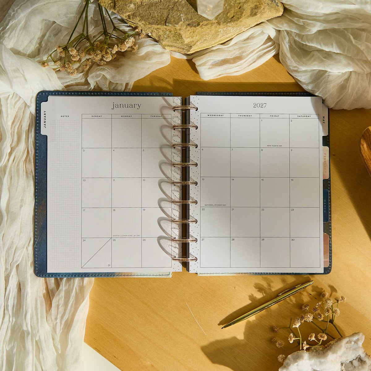 Starlit Glow planner January 2027 monthly calendar with disc binding