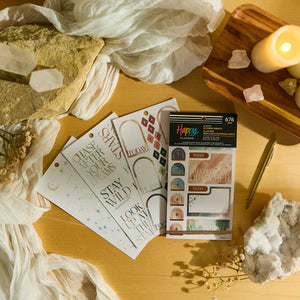 Starlit Glow sticker sheet with planner cards, crystals, dried flowers and candlelight