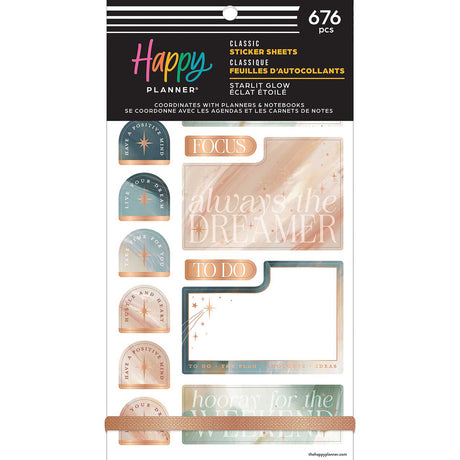 Happy Planner Starlit Glow Classic sticker book cover with 676 celestial and planning stickers