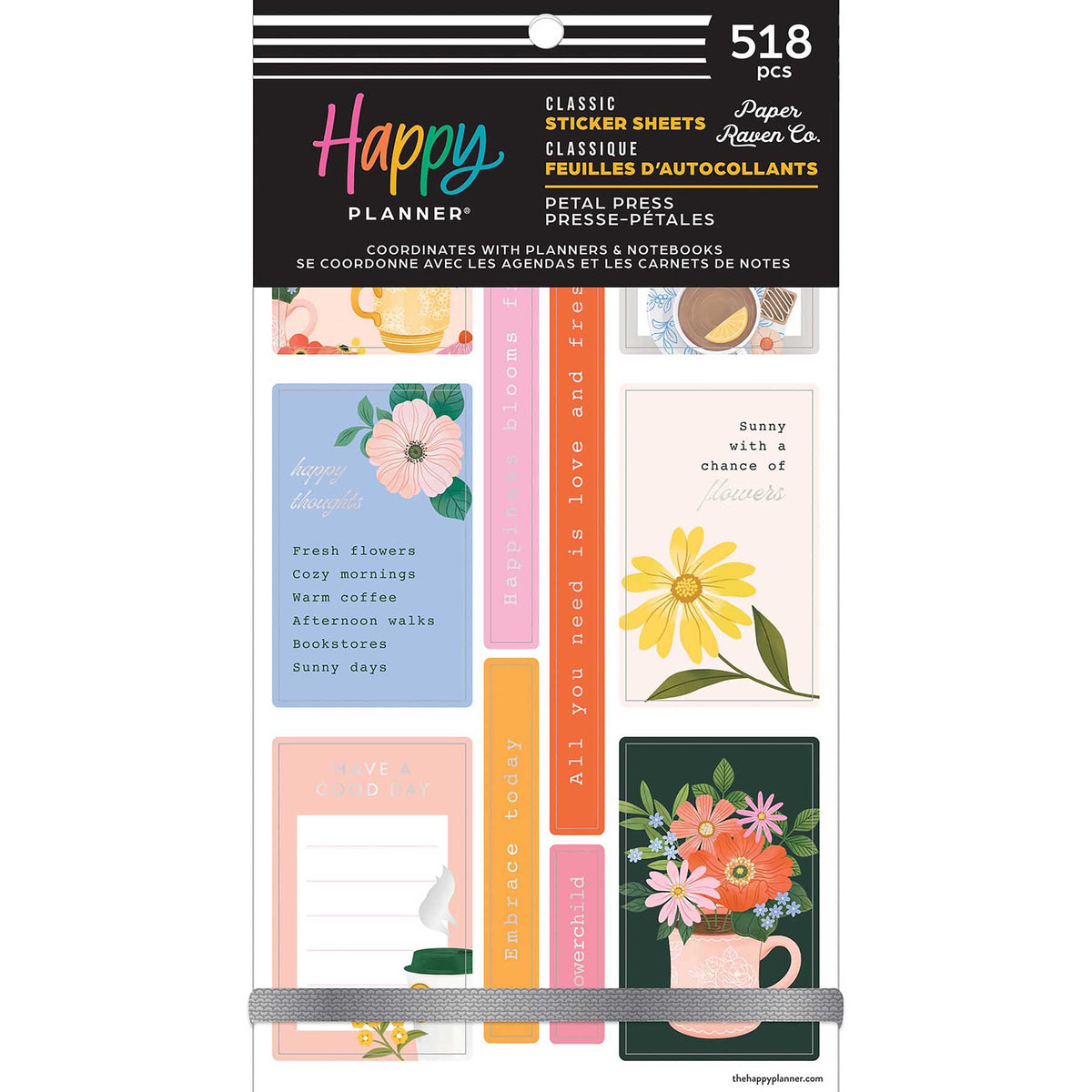 Happy Planner Petal Press Classic sticker book cover with 518 floral and coffee-themed stickers