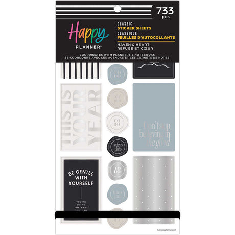 Happy Planner Haven & Heart Classic sticker book cover with neutral designs and quotes