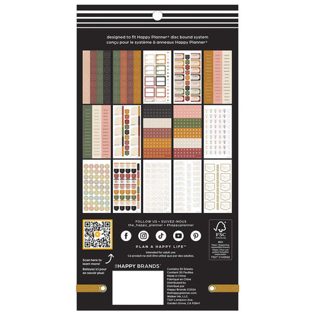 Happy Planner Amber & Oak Budget sticker book back cover showing the included sheet designs
