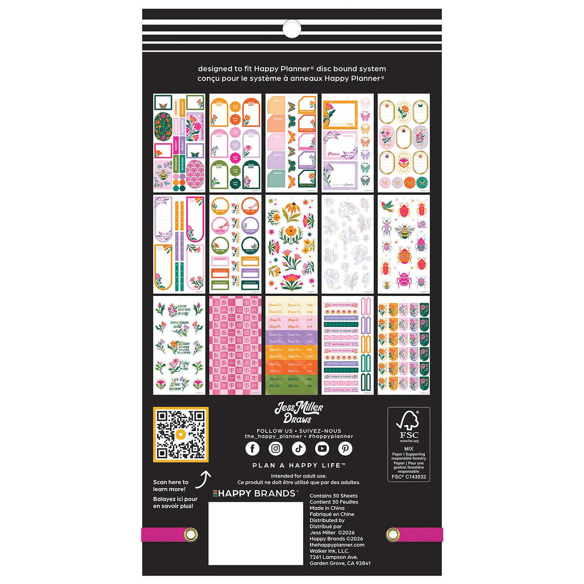 Happy Planner Hive & Bloom sticker book back cover showing the included sticker sheet designs