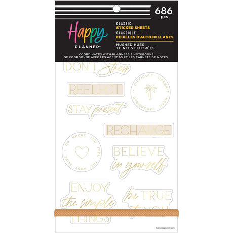 Happy Planner Hushed Hues Stress Management Classic Sticker Book front cover with 686 stickers and motivational quotes