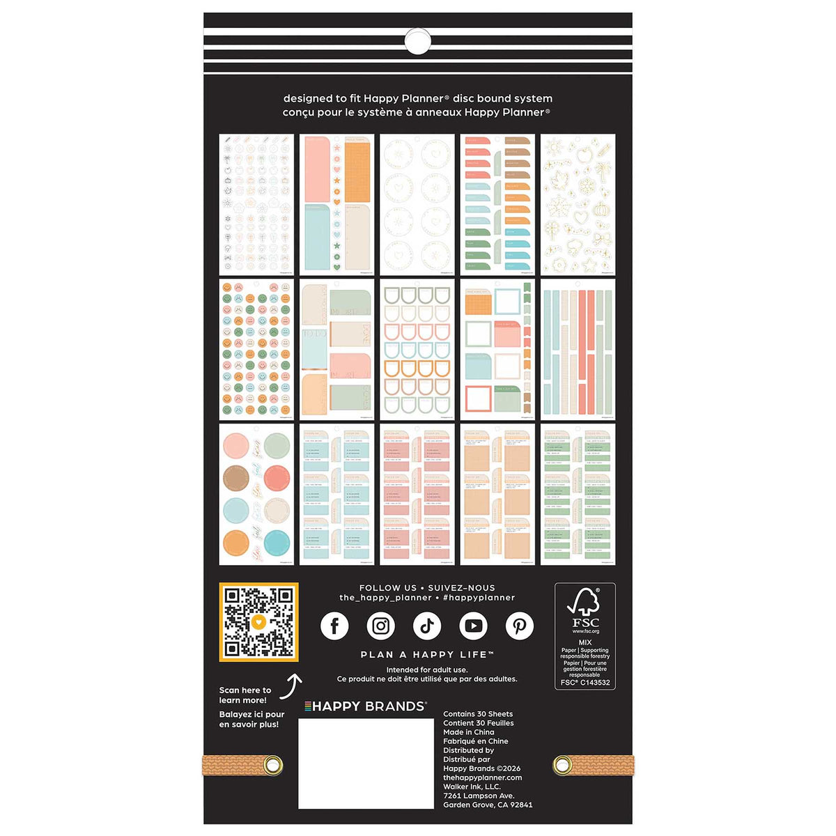 Happy Planner Hushed Hues Stress Management sticker book back cover showing the included sheet designs