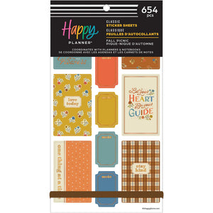 Happy Planner Fall Picnic Classic Sticker Book front cover with autumn labels, florals and plaid designs, containing 654 stickers