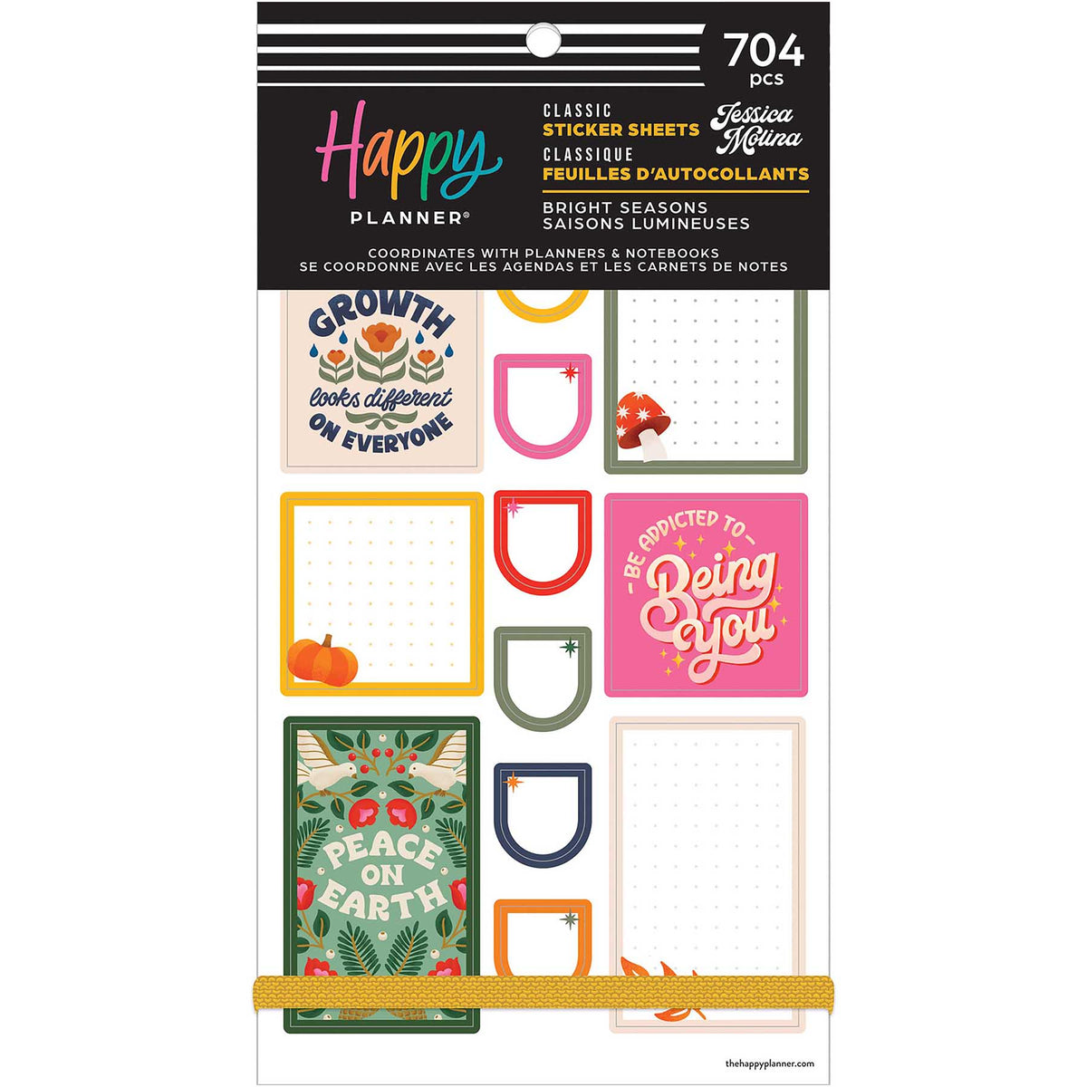 Happy Planner Bright Seasons Classic Sticker Book front cover with colourful boxes and inspirational quotes, containing 704 stickers