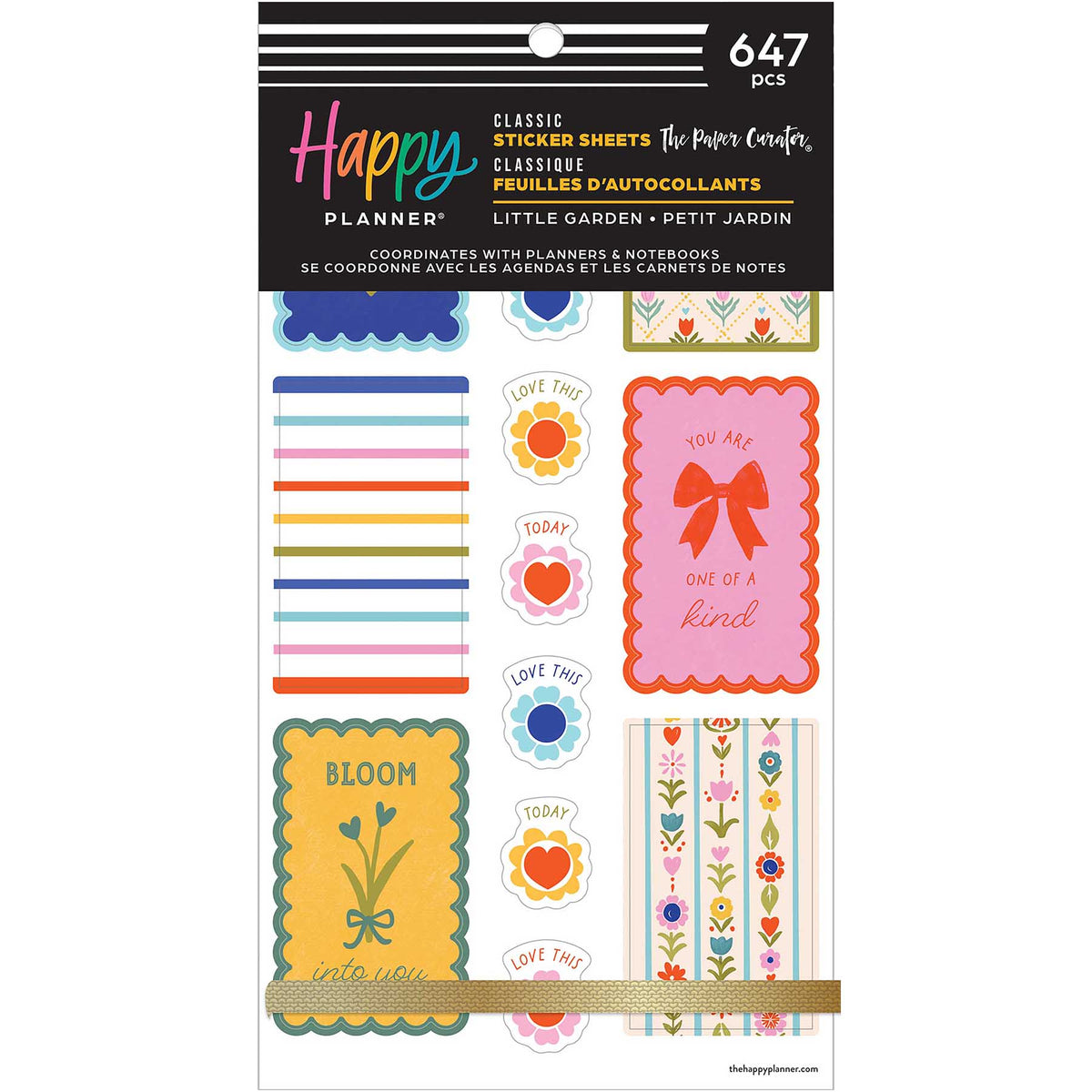 Happy Planner Little Garden Classic Sticker Book front cover with flowers, colourful labels and a bow, containing 647 stickers