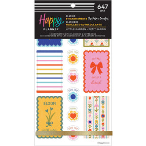 Happy Planner Little Garden Classic Sticker Book front cover with flowers, colourful labels and a bow, containing 647 stickers