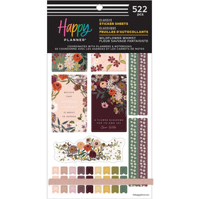 Happy Planner Wildflower Whimsy Classic Sticker Book front cover with floral designs and colourful labels, containing 522 stickers